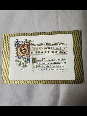Antique Early 1900s Embossed Holiday Postcard with holly and gold-striped Edges